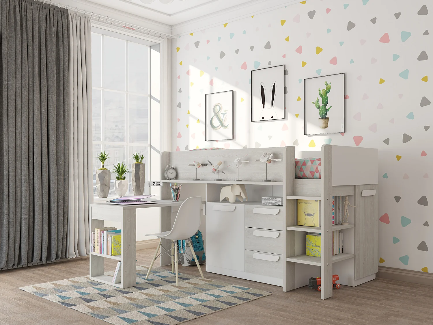 Łóżko na antresoli 90 x 200 cm – Z biurkiem i ze skrzynią – Biały i naturalne drewno – LOUKALA 605497