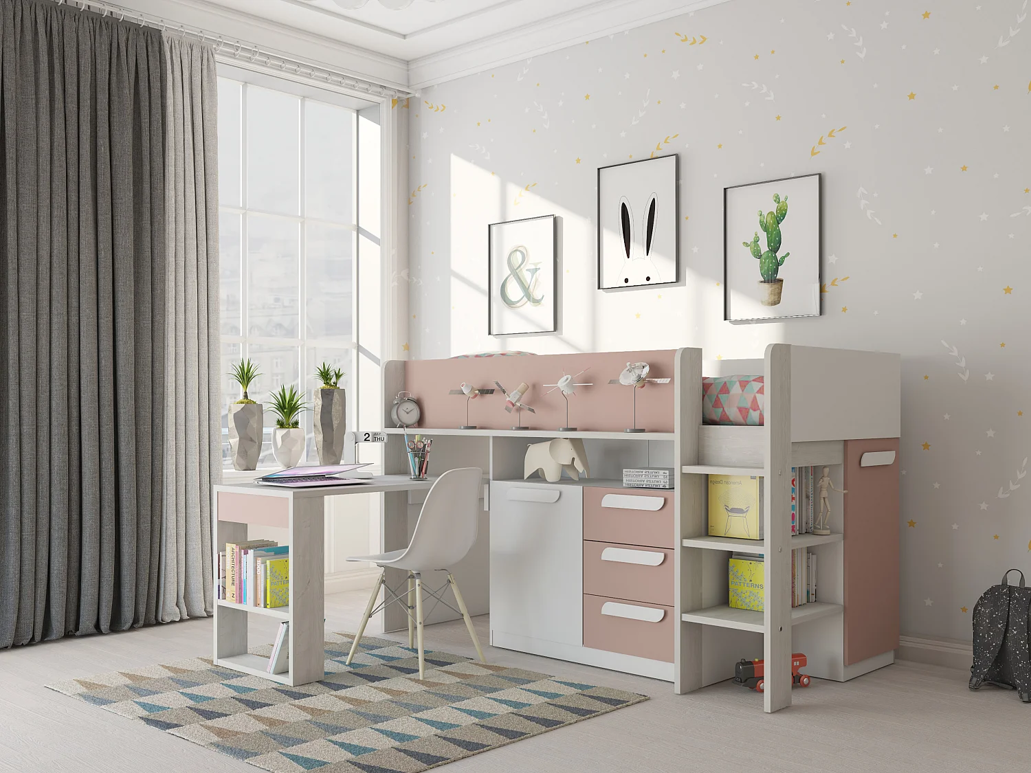 Łóżko na antresoli 90 x 200 cm – Z biurkiem i ze skrzynią – Różowy, naturalne drewno i biały – LOUKALA 605501