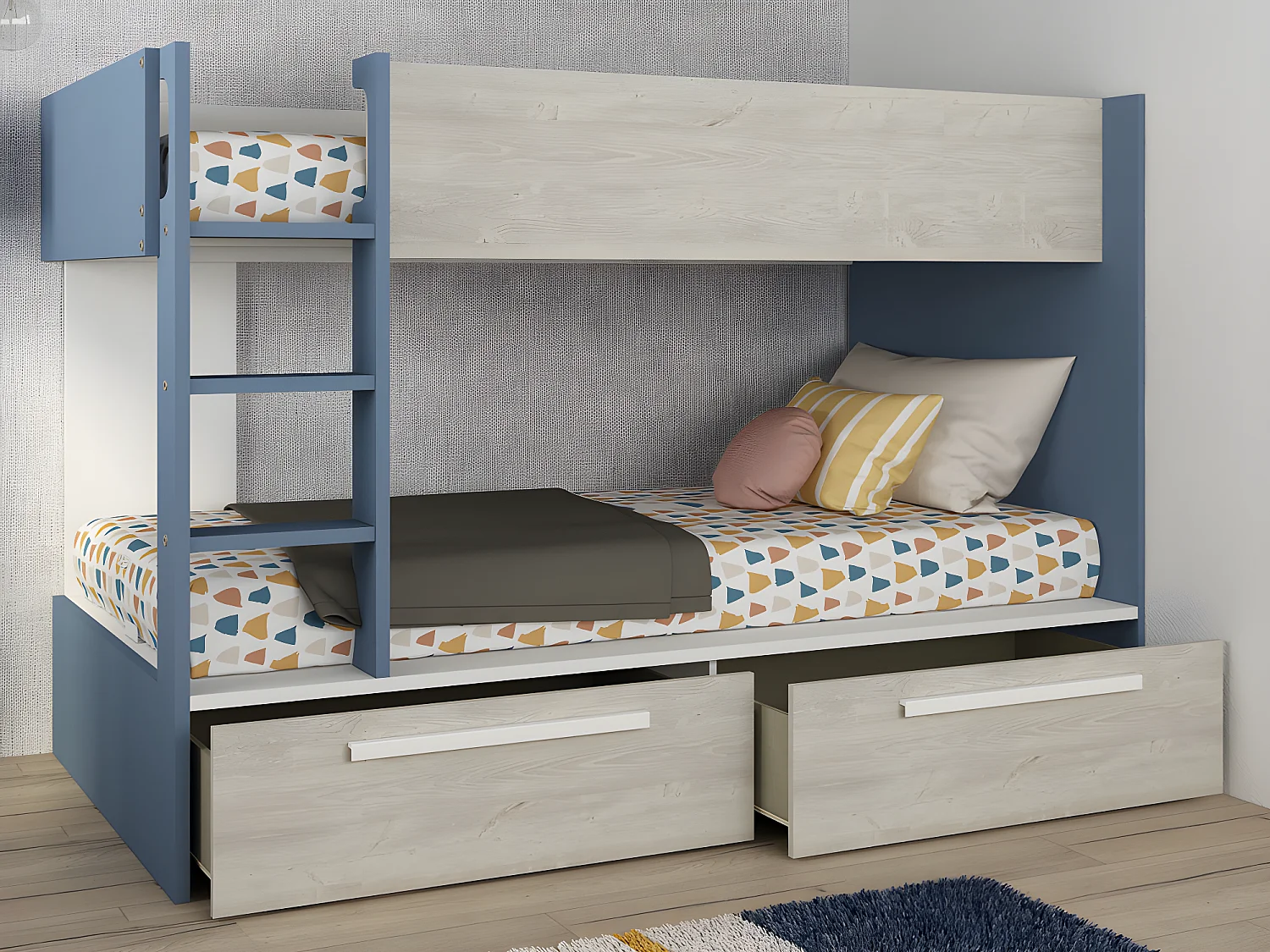 Łóżko piętrowe 2 x 90 x 200 cm – 2 szuflady – Niebieski, naturalne drewno i biały – TINOLI 605481