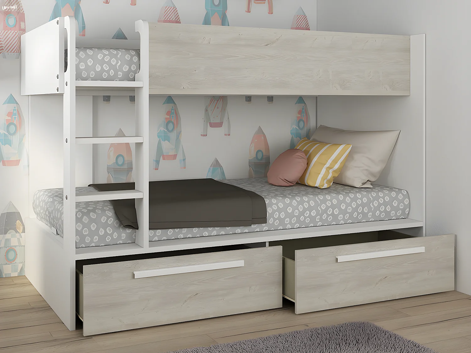 Łóżko piętrowe 2 x 90 x 200 cm – 2 szuflady – Biały i naturalne drewno – TINOLI 605485