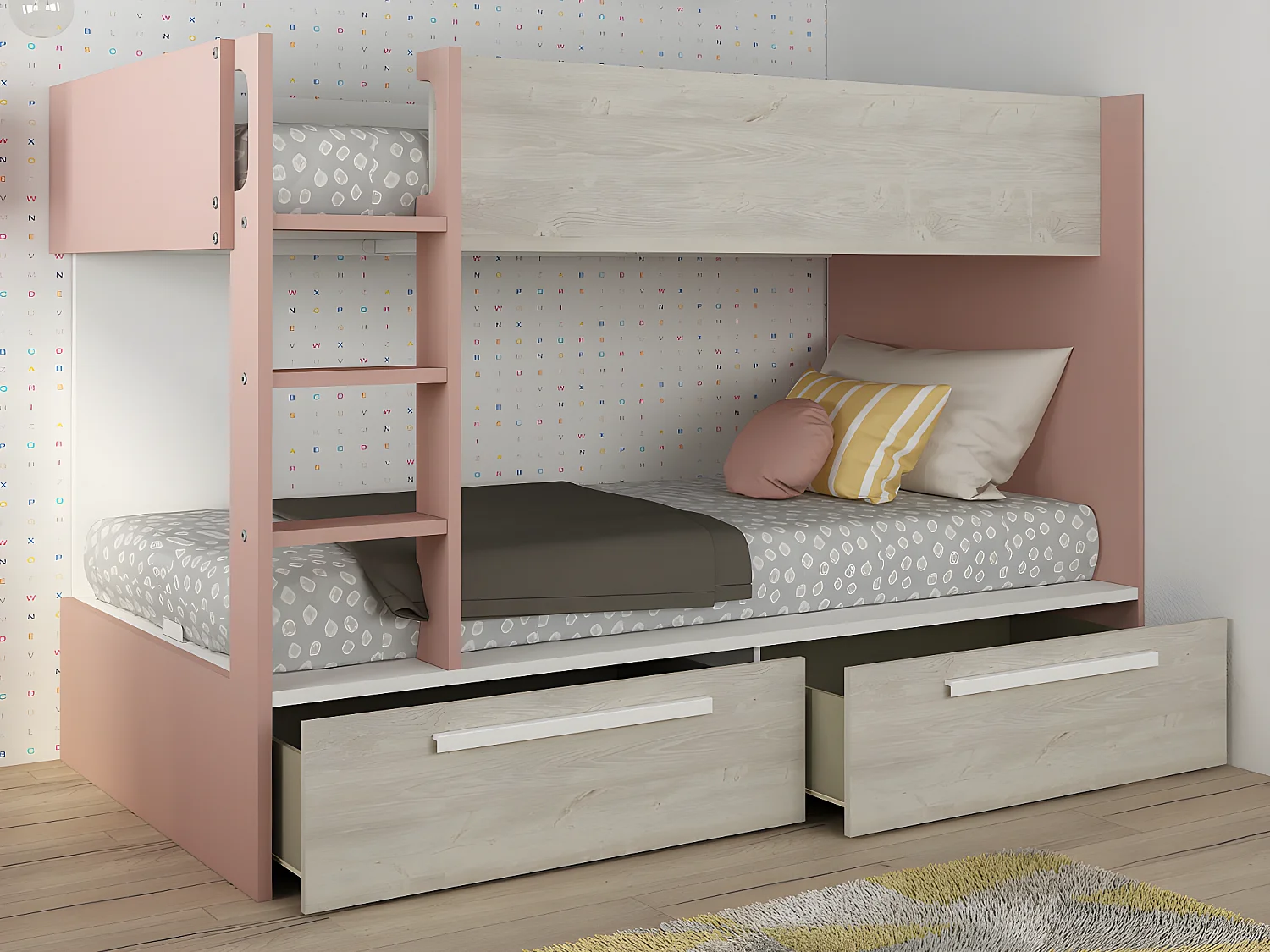 Łóżko piętrowe 2 x 90 x 200 cm – 2 szuflady – Różowy, naturalne drewno i biały – TINOLI 605487