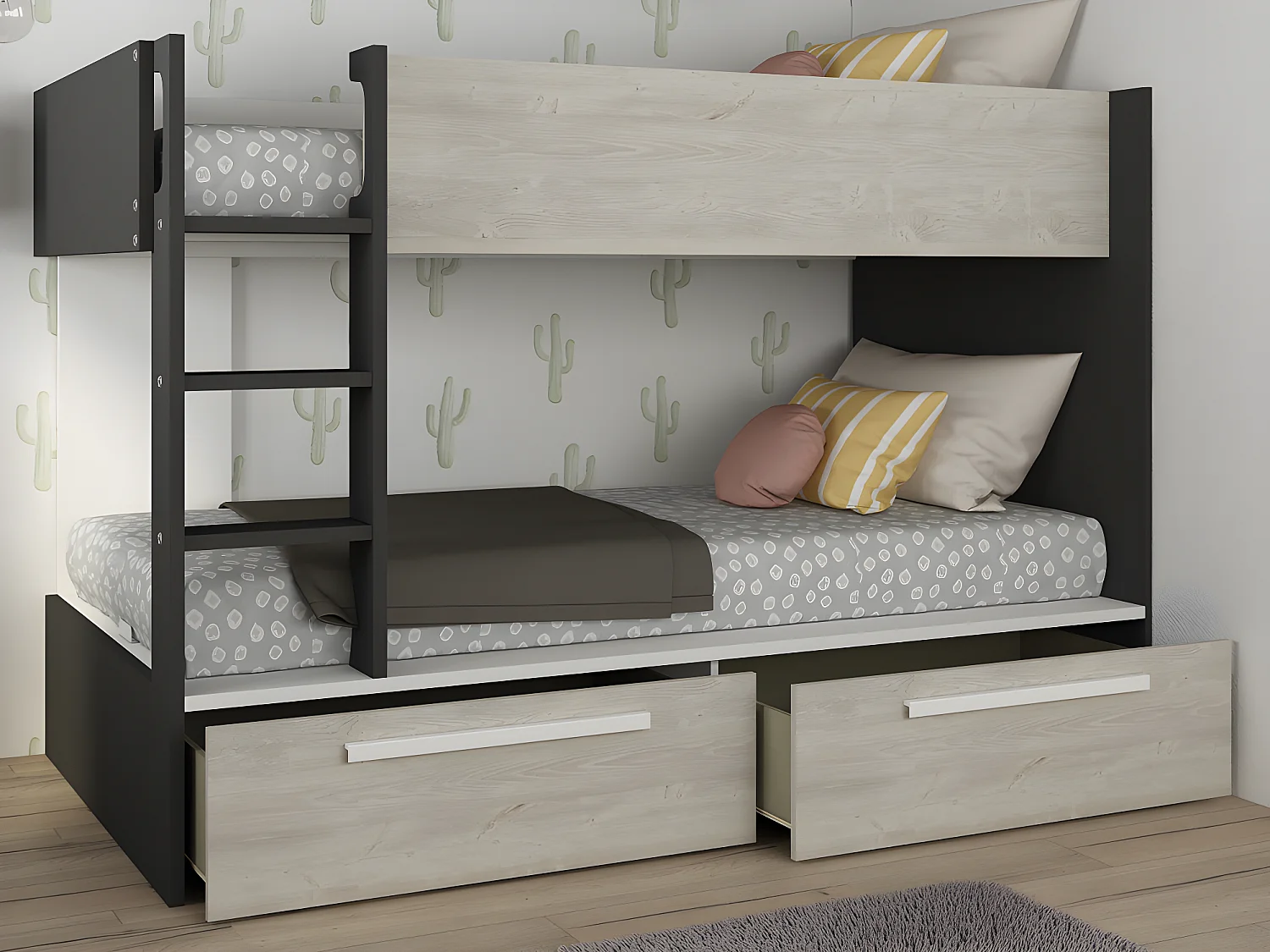 Łóżko piętrowe 2 x 90 x 200 cm – 2 szuflady – Antracytowy, naturalne drewno i biały – TINOLI 605491