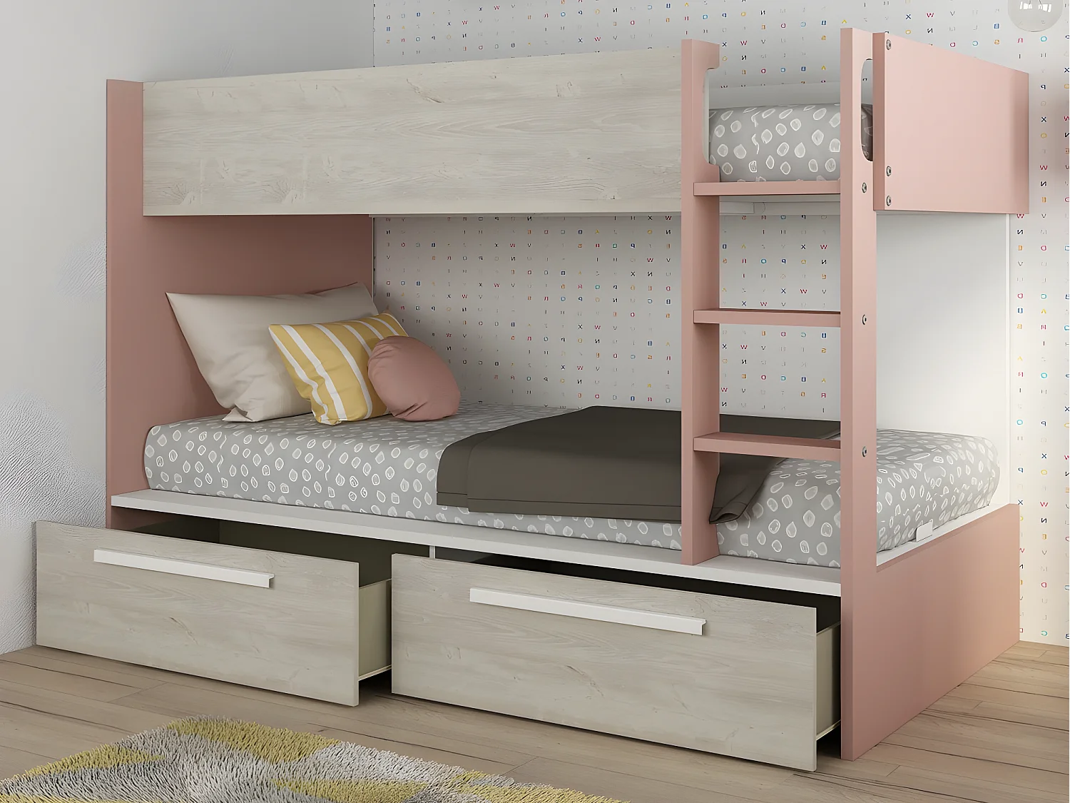 Łóżko piętrowe 2 x 90 x 200 cm – 2 szuflady – Różowy, biały i naturalny + Materac – TINOLI 1060711