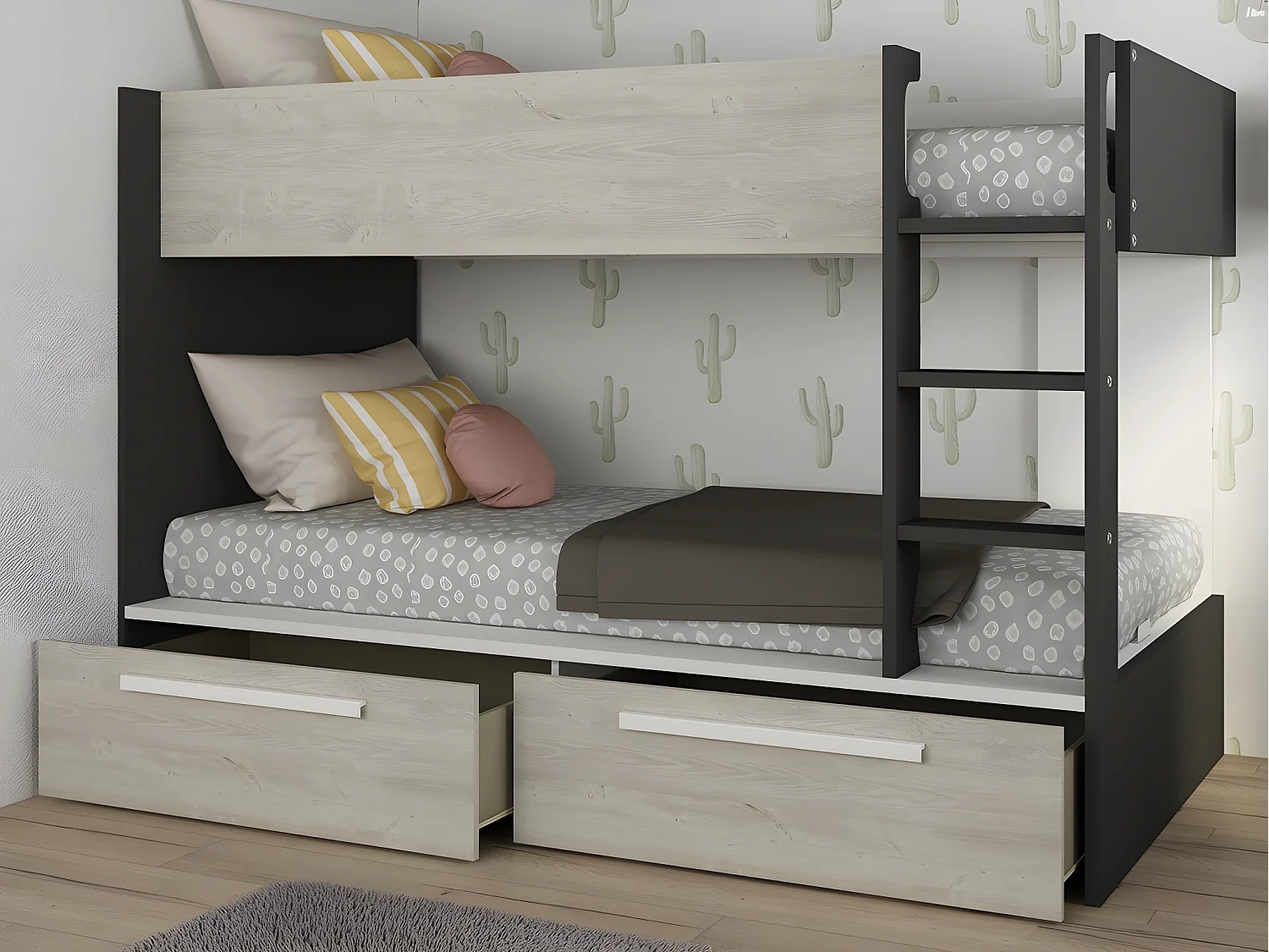 Łóżko piętrowe 2 x 90 x 200 cm – 2 szuflady – Antracytowy, biały i naturalny + Materac – TINOLI 1060707