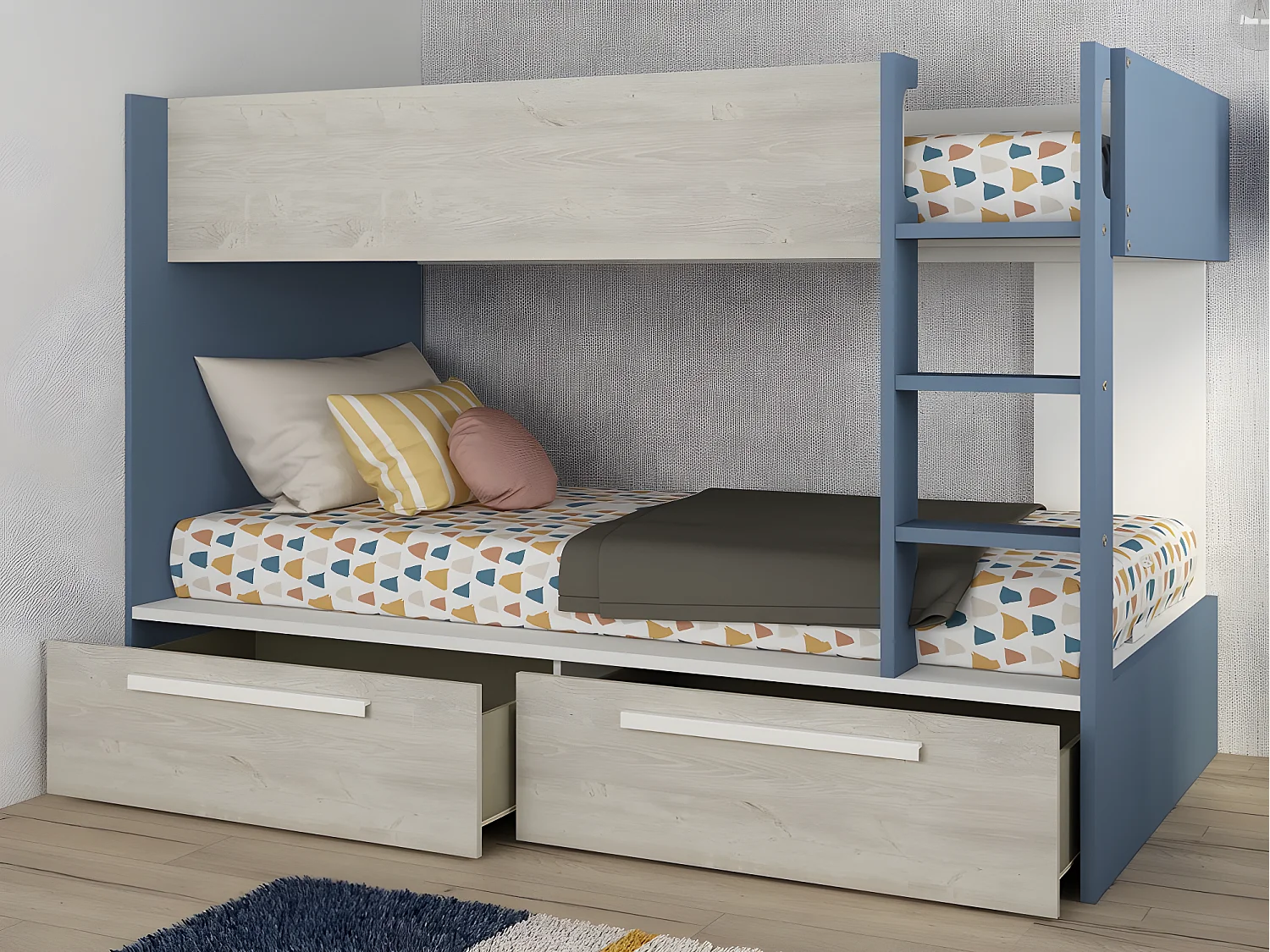 Łóżko piętrowe 2 x 90 x 200 cm – 2 szuflady – niebieskie, naturalne i białe + Materac – TINOLI 624531