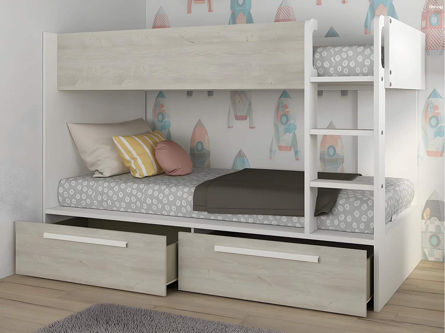 Łóżko piętrowe 2 x 90 x 200 cm – 2 szuflady – Biały i naturalny + Materac – TINOLI 1060705