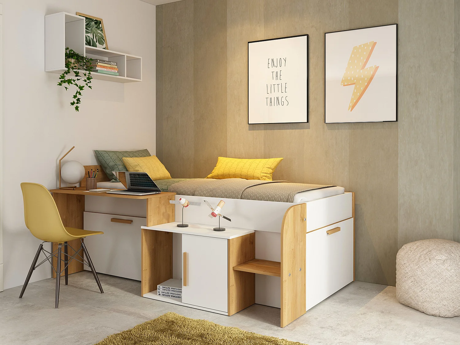 Łóżko piętrowe 90 x 200 cm z biurkiem i schowkami – Biały i naturalny + Stelaż + Materac – PEDRO 1243965