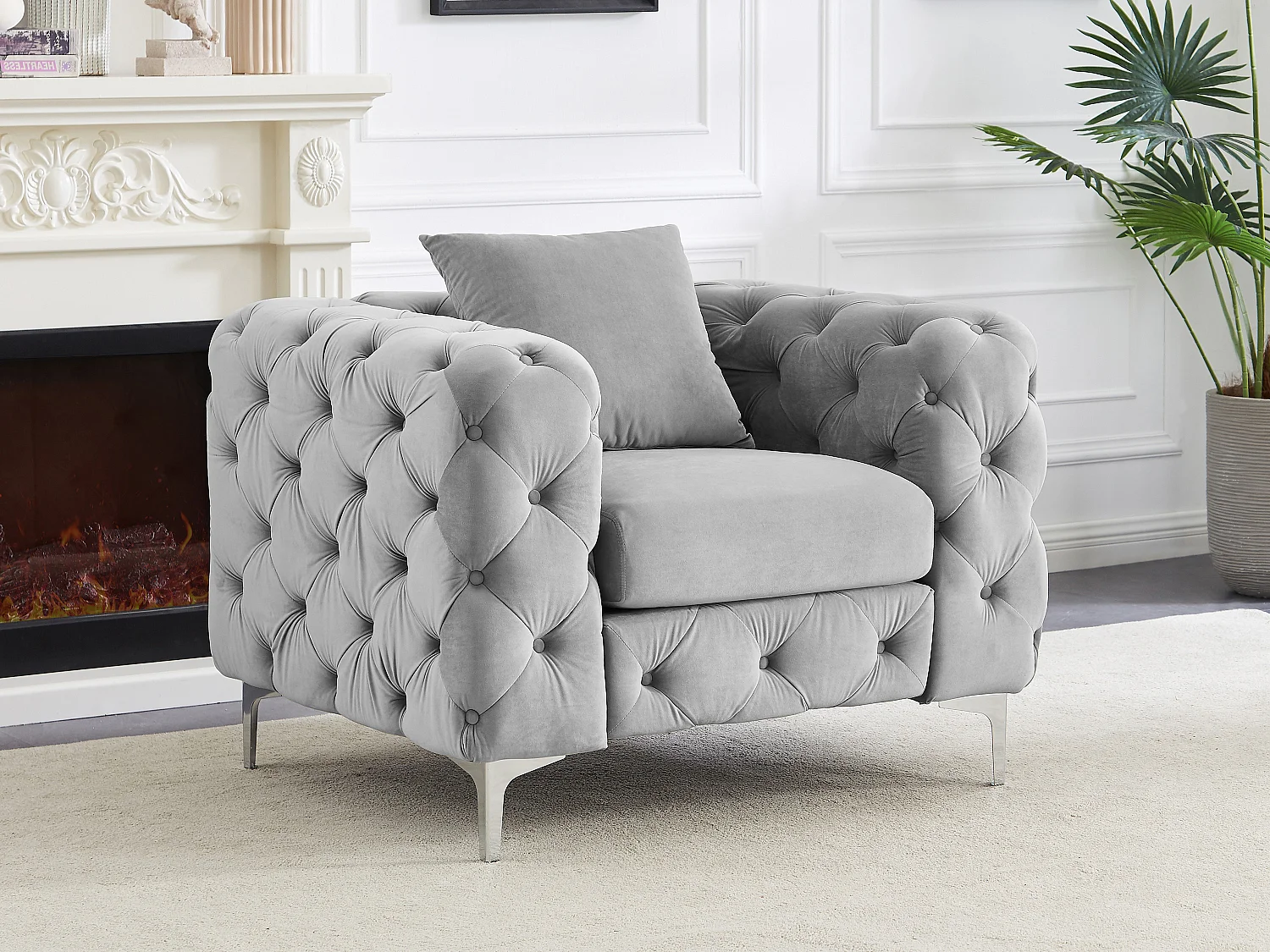 Fotel Chesterfield z weluru jasnoszary – EDWINA 138945 - obrazek 1