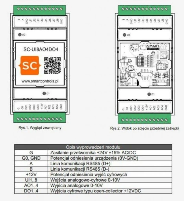 Moduł RS 485 Modbus RTU ‑ wejść wyjść I/O, 8 wejść uniwersalnych, 4 wyjścia analogowe, 4 wyjścia cyfrowe DIN SC‑UI8AO4DO4 - obrazek 2