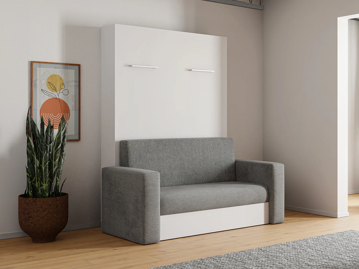 Łóżko chowane w szafie z kanapą 140 x 200 cm - Manualne otwieranie pionowe - Biały i szary + Materac - VACIALA II 1287323 - obrazek 1