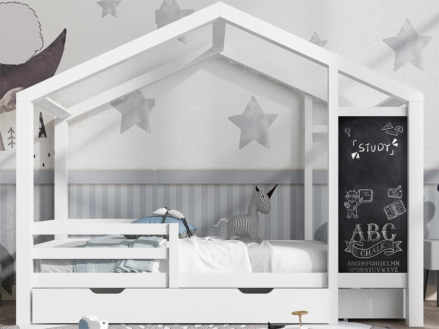 Łóżko piętrowe 90x200cm – z litego drewna – z tablicą do pisania i 2 szufladami – Białe 1532159