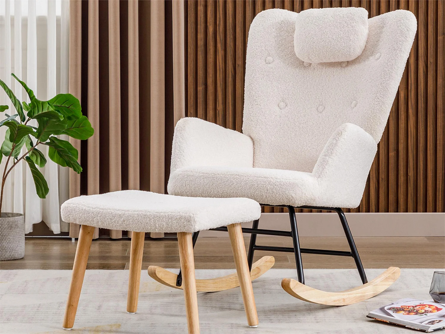 Fotel bujany - fotel relaksacyjny do salonu - wyściełany pluszowym misiem - z podparciem na głowę i podnóżkiem - drewniana podstawa - biały 1579825 - obrazek 1