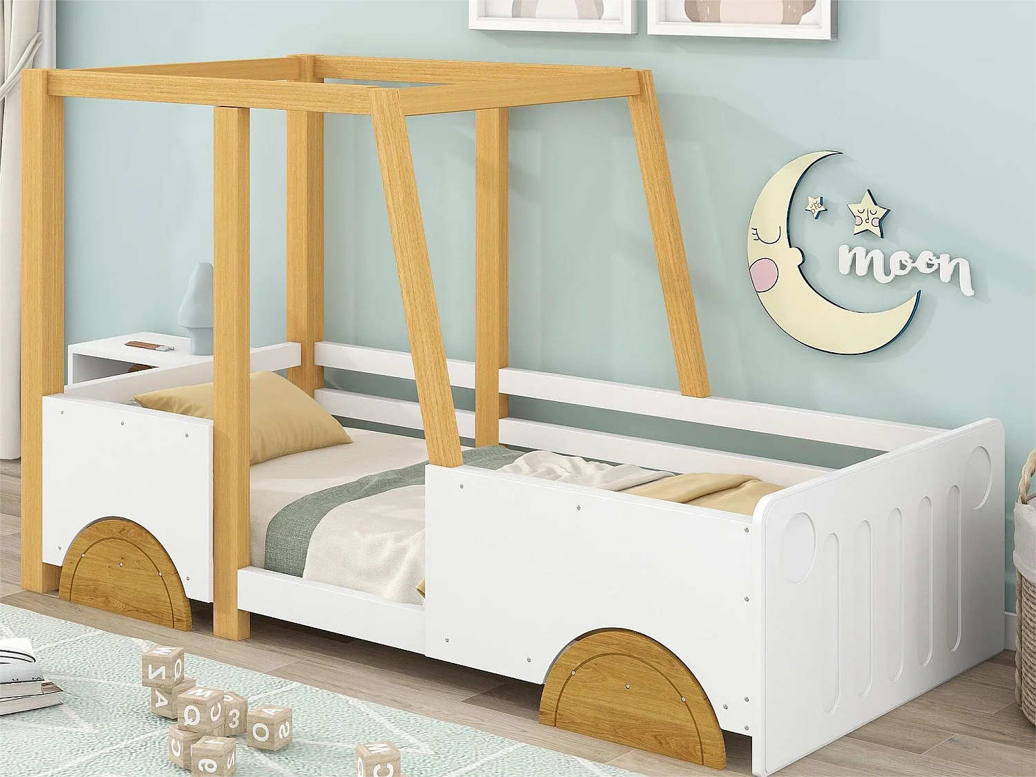 Łóżko kabinowe – 90 x 200 cm – płyta MDF i sosna – stelaż z listew – kolory biały i naturalny 1735465