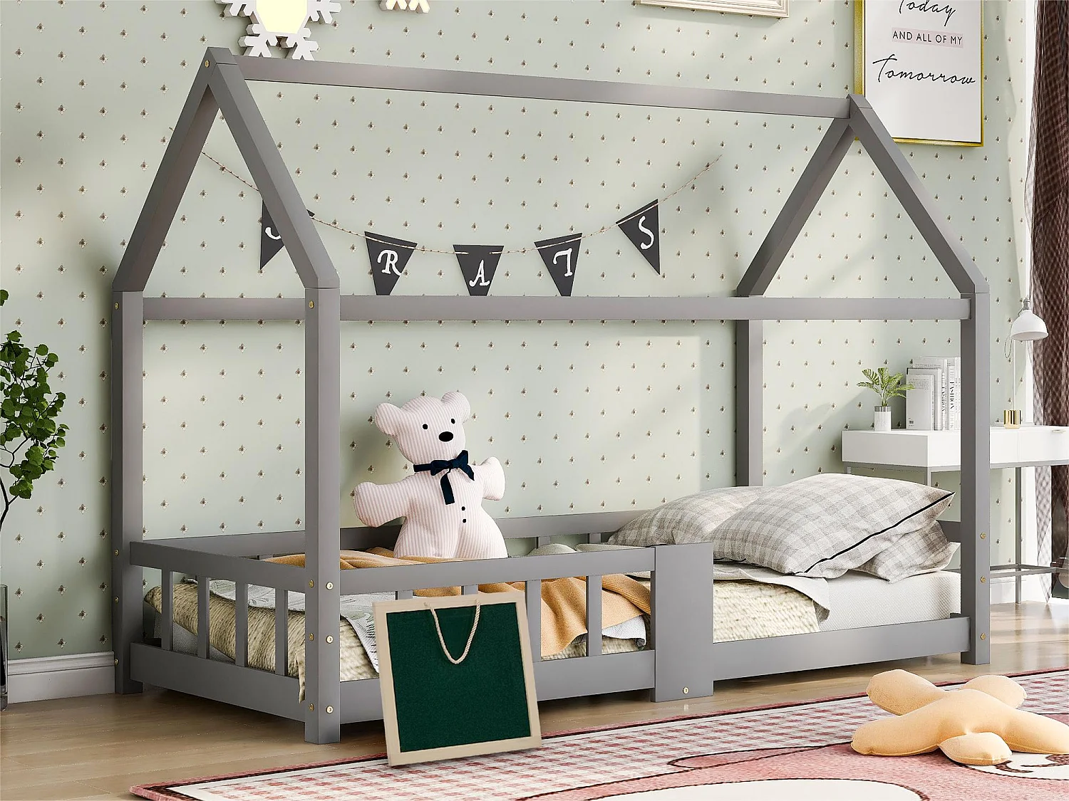 Łóżko piętrowe 90x200cm z litego drewna – z tablicą do pisania – Szare 1532147