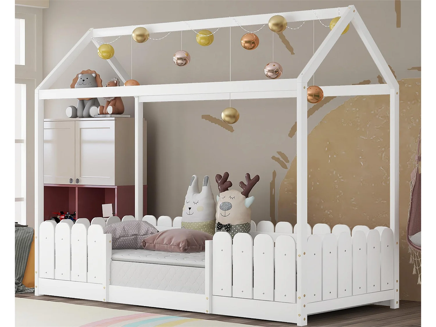 Łóżko domek 90x200cm z litego drewna – z ochroną przed upadkiem – Białe 1532171