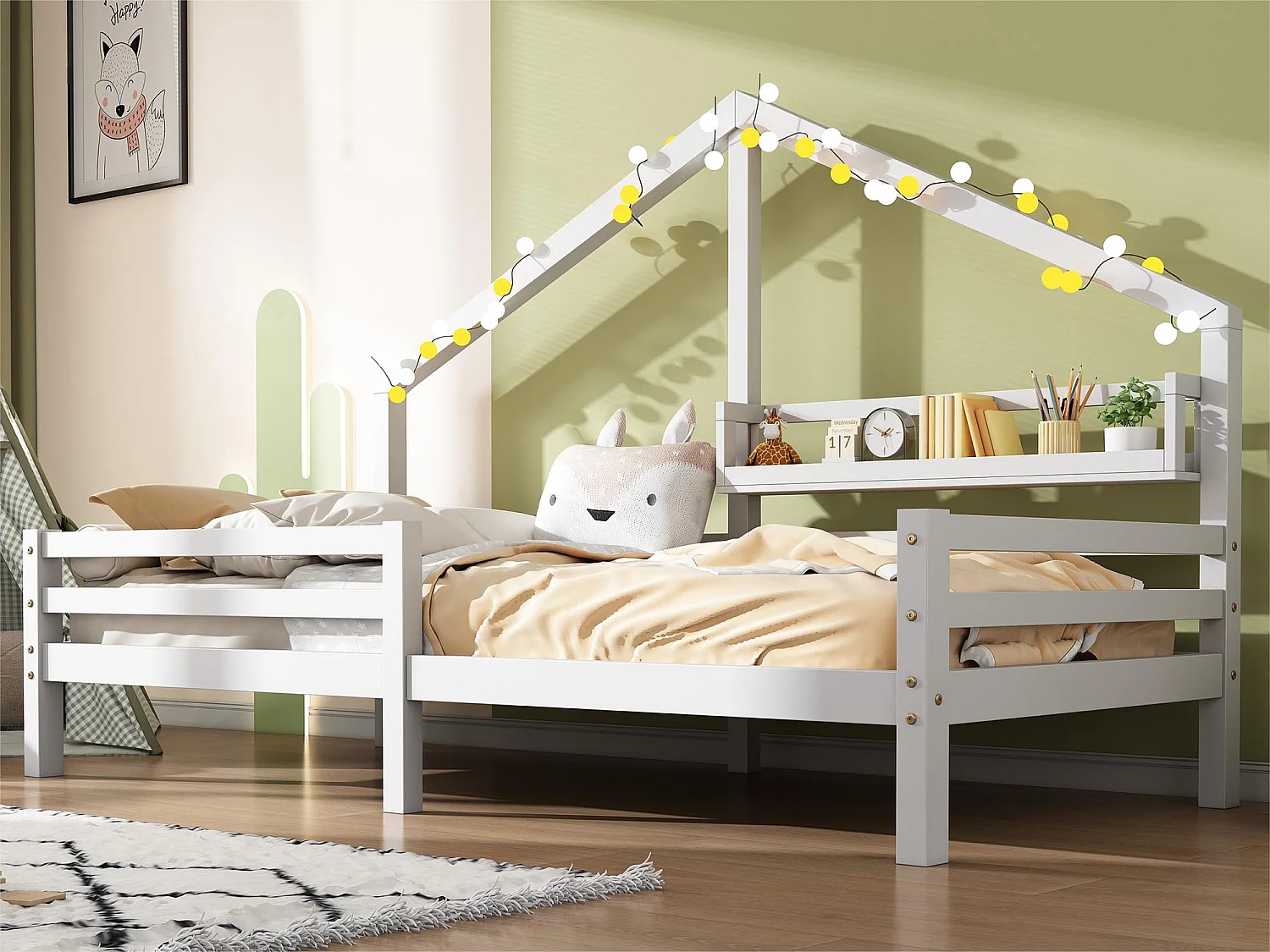 Łóżko domek 90x200cm z litego drewna – z półkami – Białe 1532219