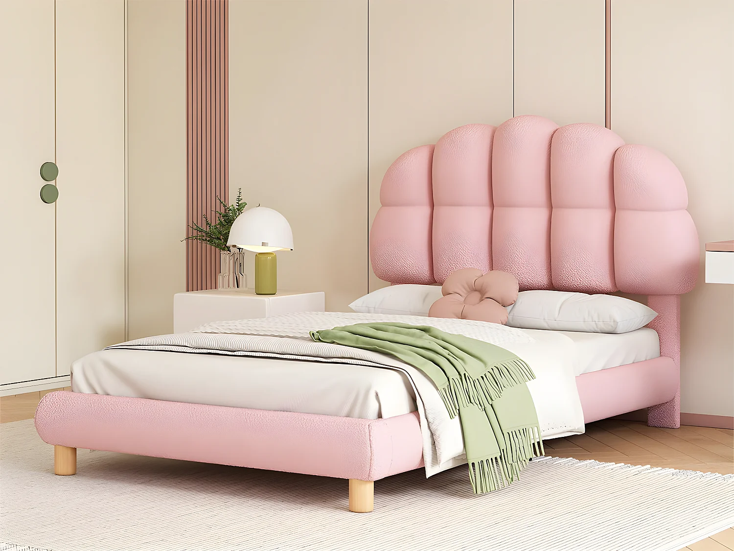 Łóżko dziecięce proste 90x200cm tapicerowane tkaniną boucle - zagłówek w kształcie pianki - z stelażem na listwach z MDF - Różowe 1883357 - obrazek 1
