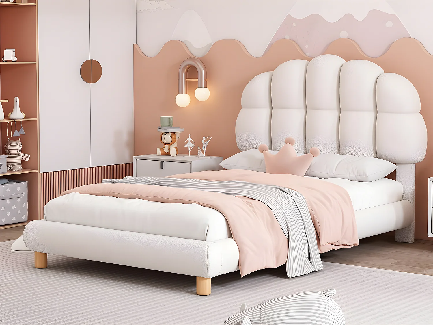 Łóżko dziecięce proste 90x200cm tapicerowane tkaniną boucle - zagłówek w kształcie pianki marshmallow - z stelażem na listwach z MDF - Białe 1883361 - obrazek 1