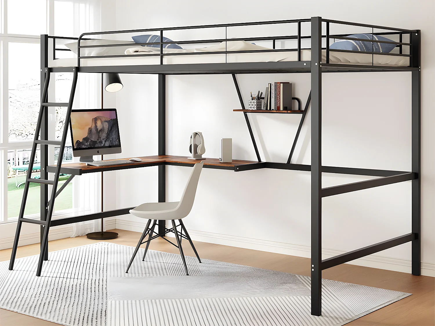 Łóżko mezzanine z metalu - 90x200cm - z biurkiem narożnym i półką - Czarny 1952389 - obrazek 1
