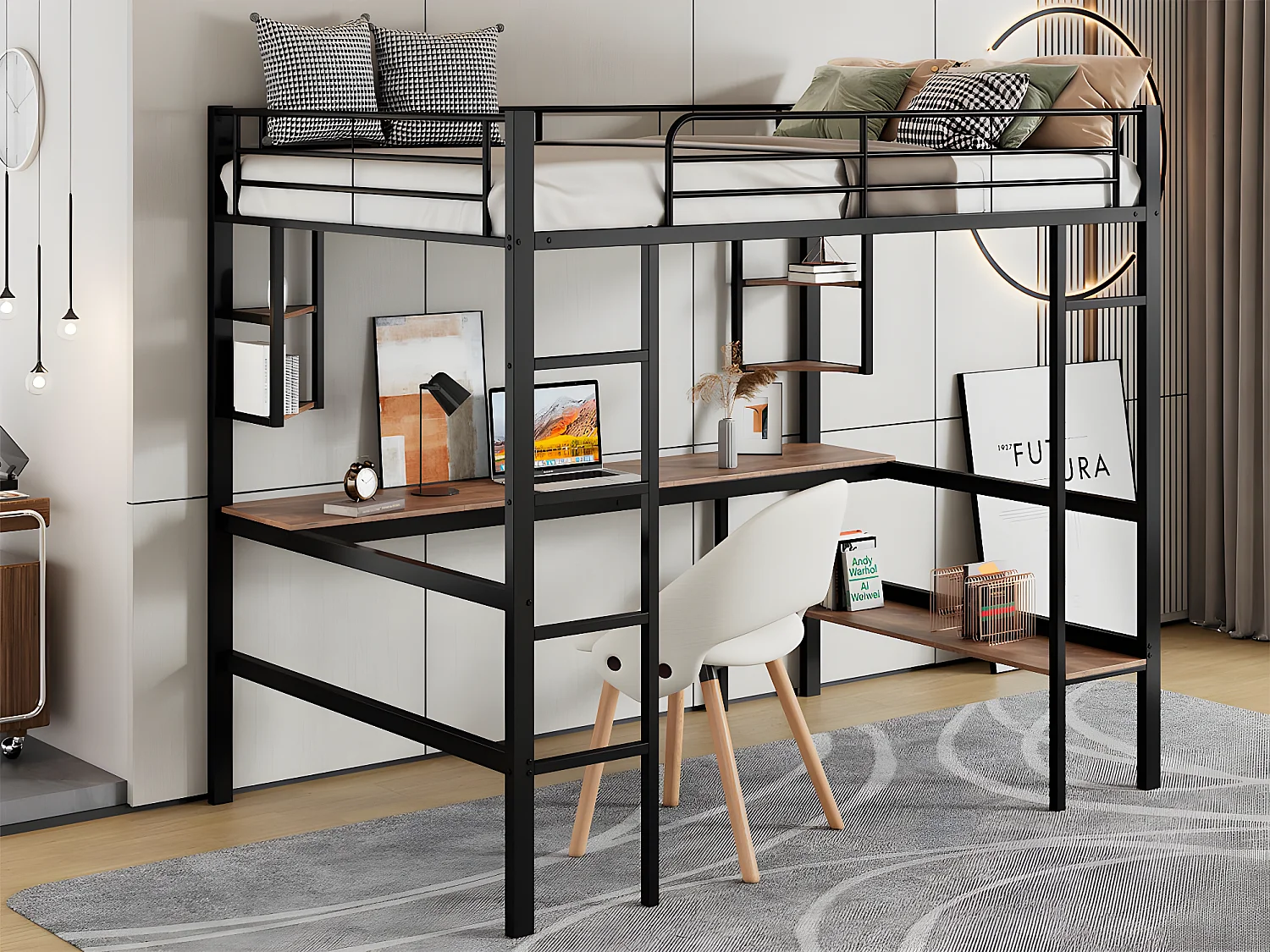 Łóżko mezzanine z żelaza - 90x200cm - z biurkiem i 5 półkami - Czarny 1952391 - obrazek 1