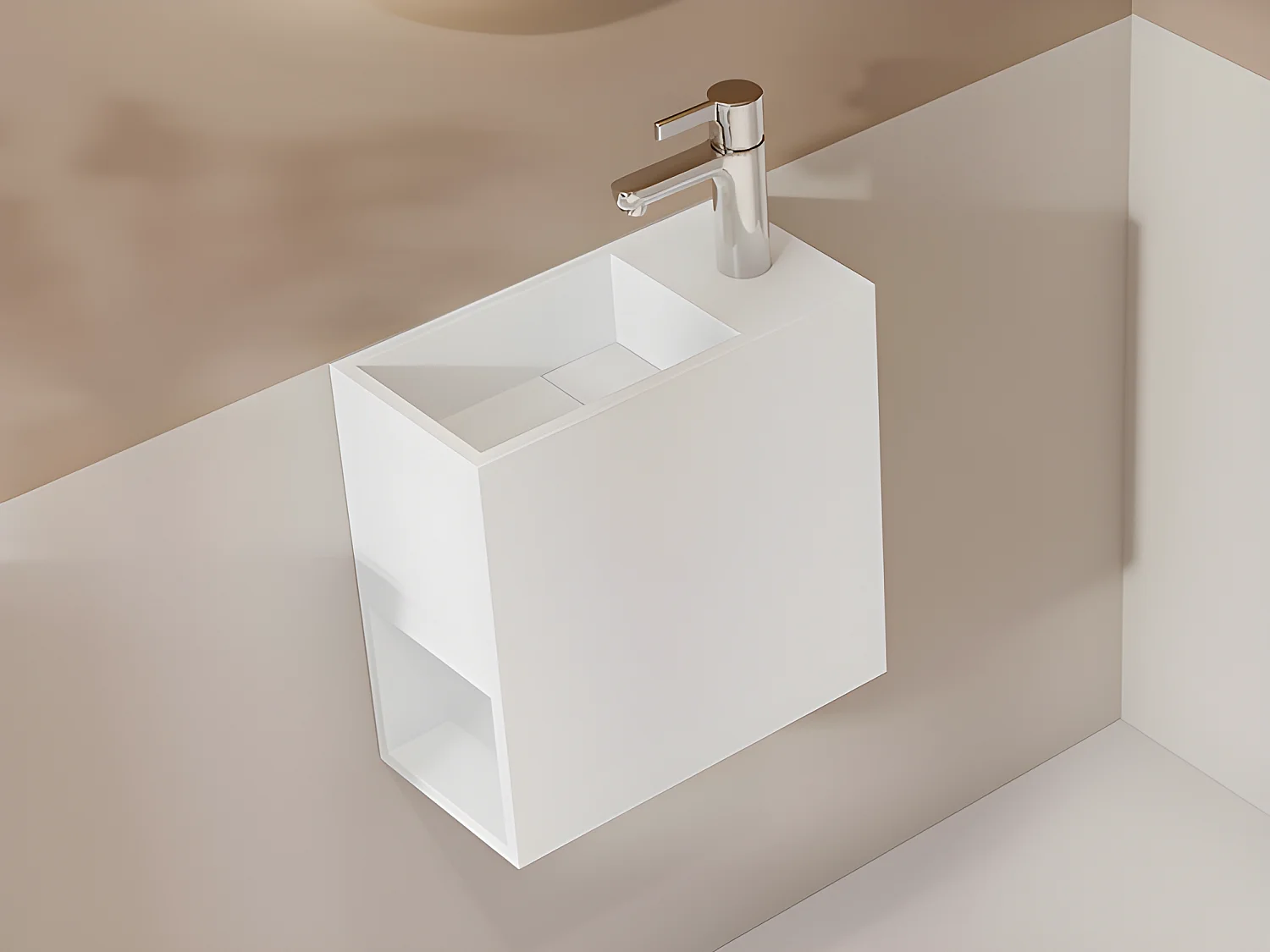 Biała szafka pod umywalkę wisząca z solid surface z wnęką – 40 cm – PUMORI 135105