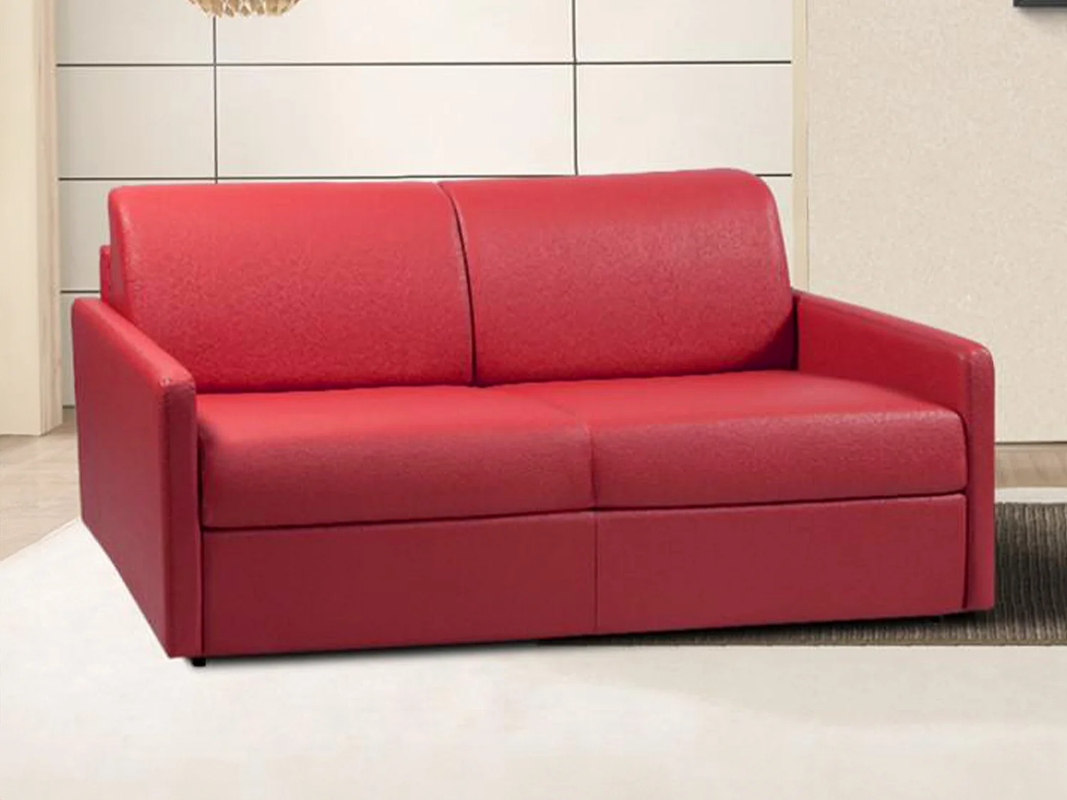 Kanapa 4-osobowa z ekspresowym mechanizmem rozkładania z ekoskóry CALIFE - Kolor: czerwony - Wymiary miejsca do spania: 160 cm - Materac 18 cm 96097 - obrazek 1