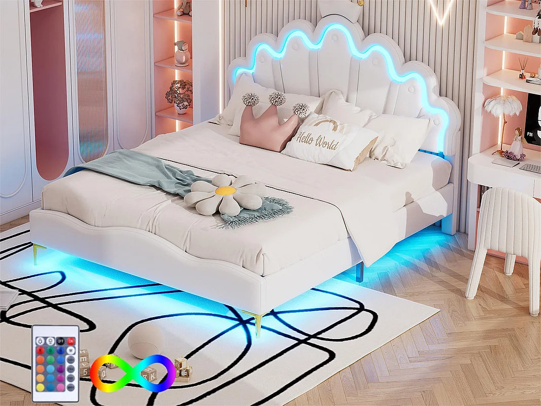 Łóżko dziecięce 140x200cm z LED - łóżko księżniczki z poduszką z ekoskóry - Białe 2125101 - obrazek 1