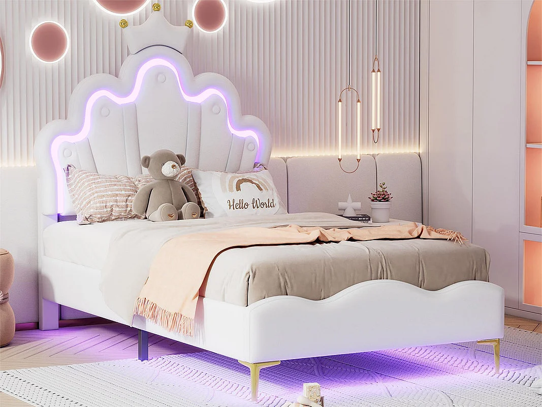 Łóżko dziecięce 90x200cm z LED - łóżko księżniczki z poduszką z ekoskóry - Białe 2125111 - obrazek 1