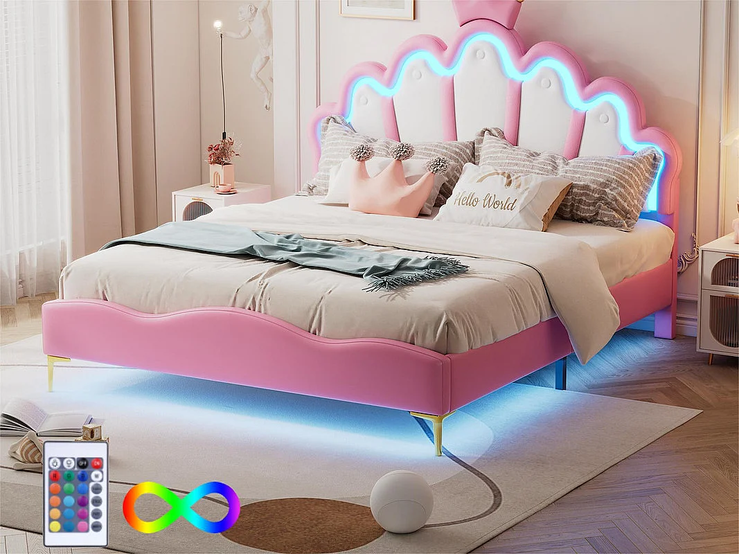 Łóżko dziecięce 140x200cm z LED - łóżko księżniczki z poduszką z ekoskóry - Różowe 2125113 - obrazek 1