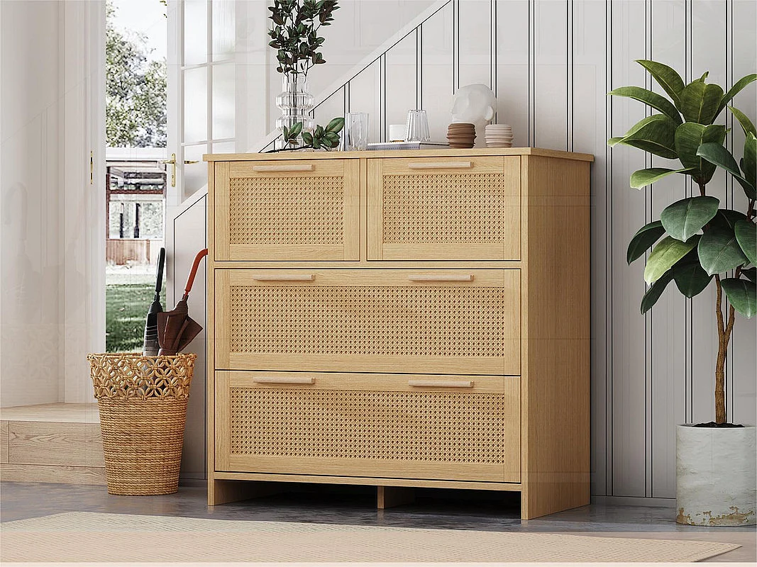 Barek rattanowy – 4 szuflady z uchwytami z litego drewna – Naturalny 2418489