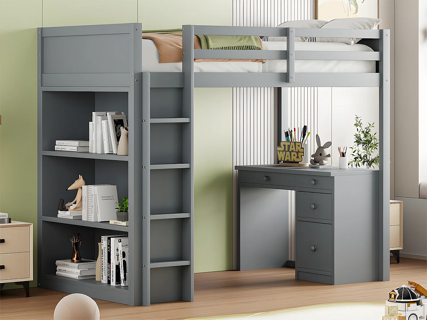 Łóżko mezzanine 90x200 cm - z meblami do przechowywania i biurkiem - z litego drewna - Szare 2582687 - obrazek 1