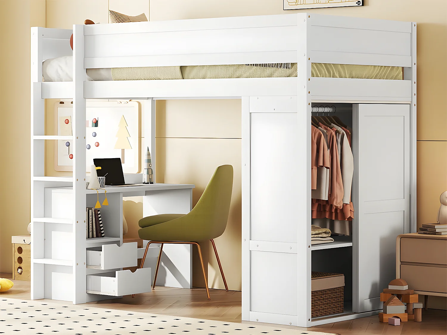 Łóżko mezzanine 90x200cm - wielofunkcyjne łóżko dziecięce - wyposażone w szafę i biurko - z litego drewna sosnowego - Białe 2582837 - obrazek 1