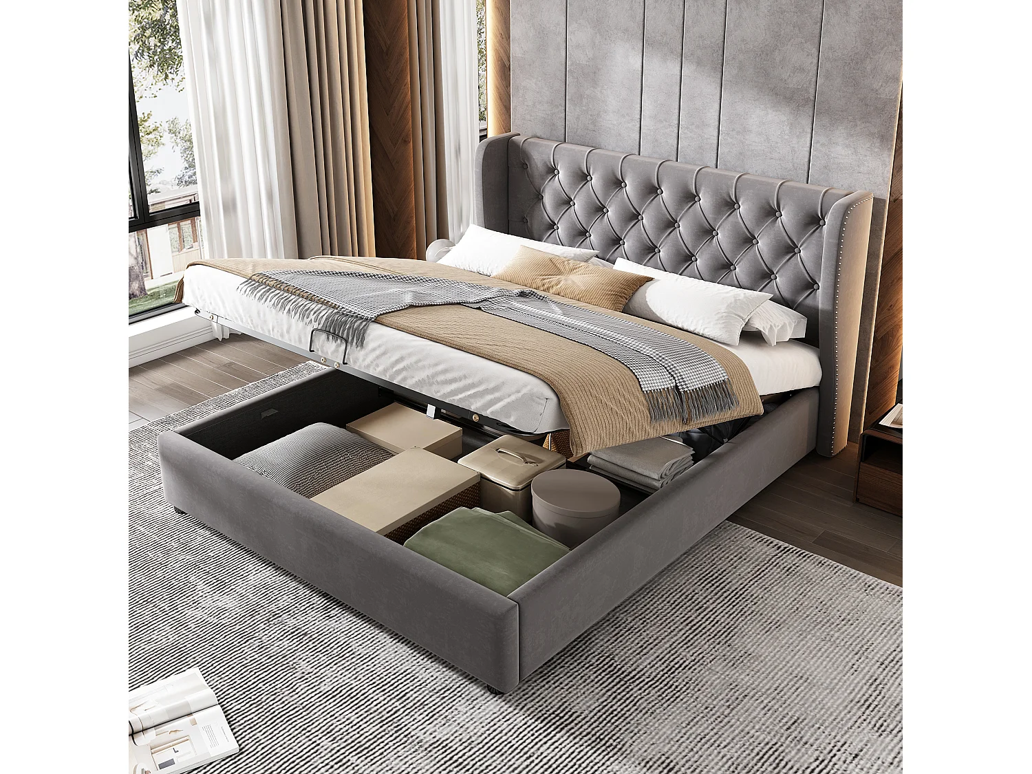 Łóżko dla dorosłych ze schowkiem 140 x 190 cm aksamitne - stelaż z listew - styl Chesterfield - szare 2741201 - obrazek 1