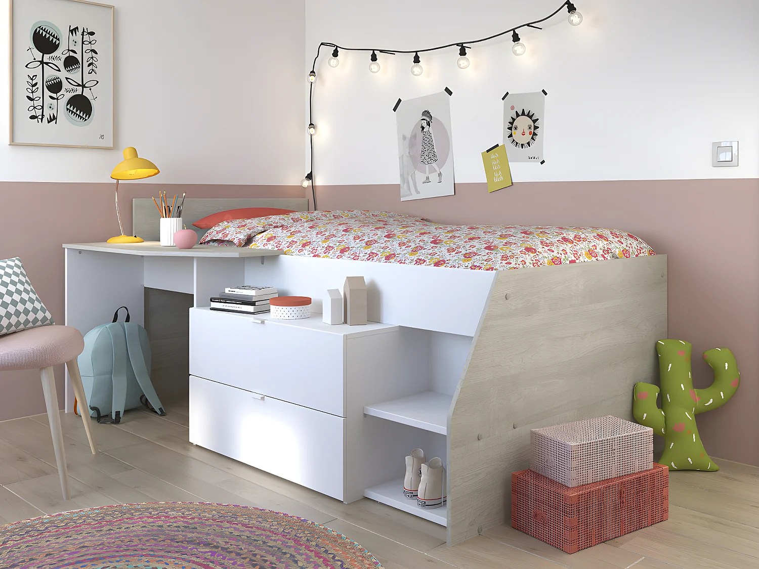 Łóżko z biurkiem i półkami – 90 x 200 cm – Biały i naturalny – GISELE 106293