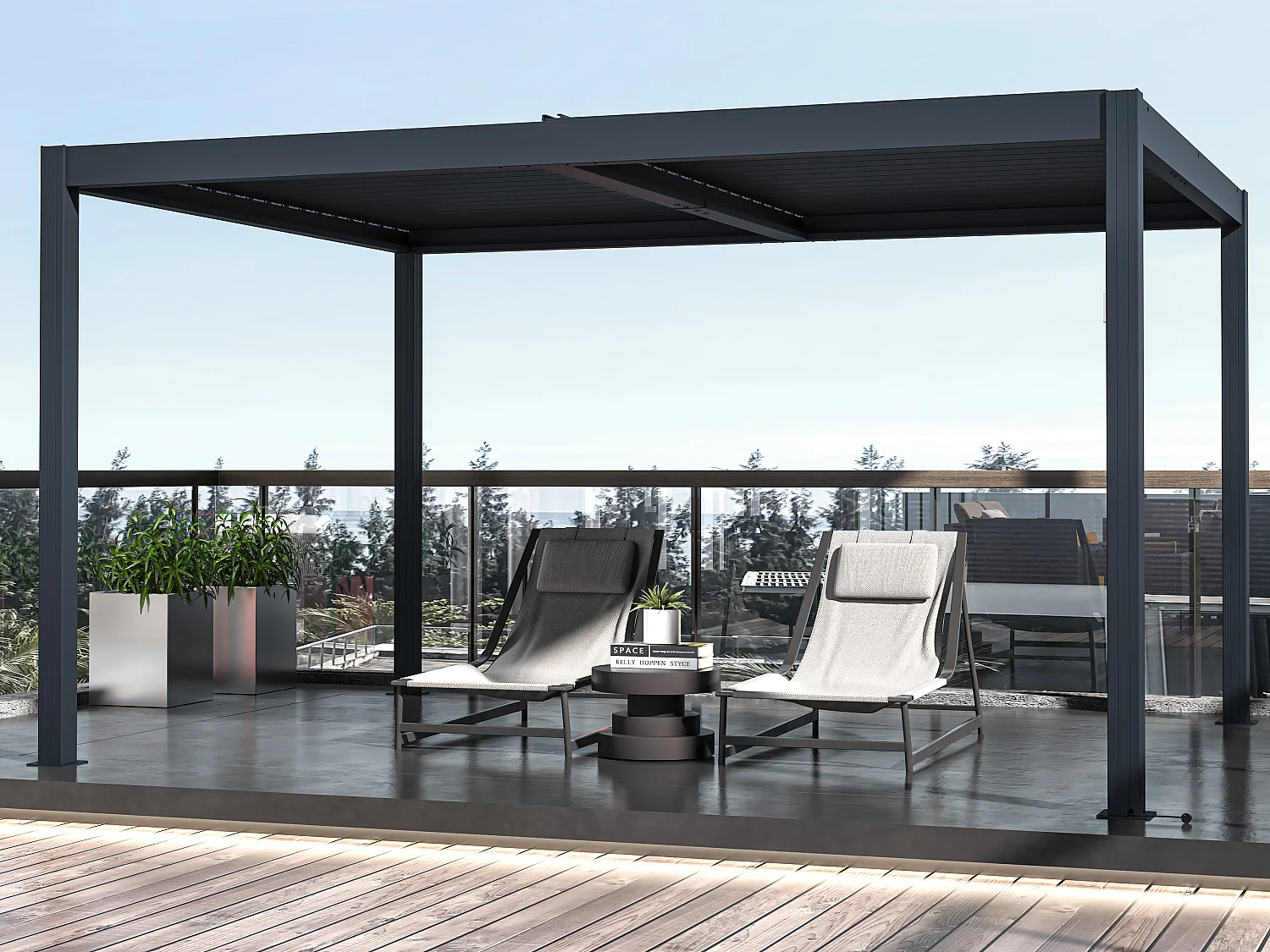 Pergola bioklimatyczna samonośna elektryczna z aluminium z regulowanymi listewkami 12m² antracytowa – AMADORA 2865758
