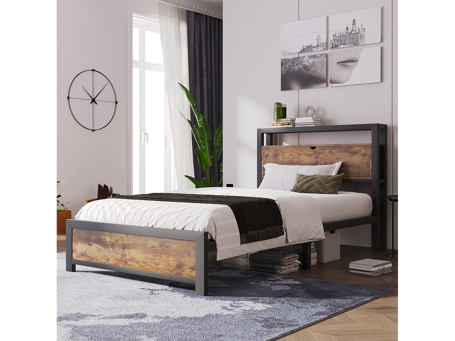 Łóżko dla dorosłych 90x200 cm - Kolor naturalny - Łóżko pojedyncze z zagłówkiem ze schowkiem i metalową podstawą - Bez materaca 2895532 - obrazek 1