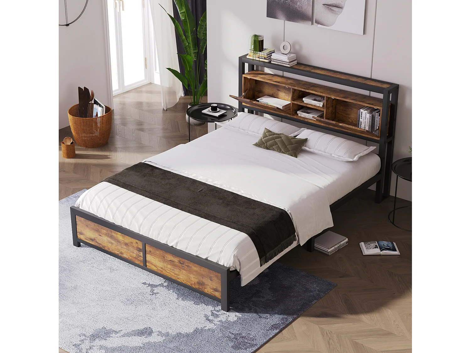 Łóżko dla dorosłych 140×200 cm – Kolor naturalny – Łóżko dwuosobowe z zagłówkiem ze schowkiem i metalową podstawą – Bez materaca 2895582