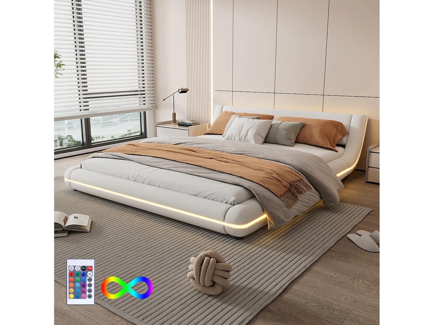 Łóżko dwuosobowe 160 x 200 cm - Łóżko podłogowe - Skóra ekologiczna - Oświetlenie otoczenia LED z pilotem - Białe 2915003 - obrazek 1