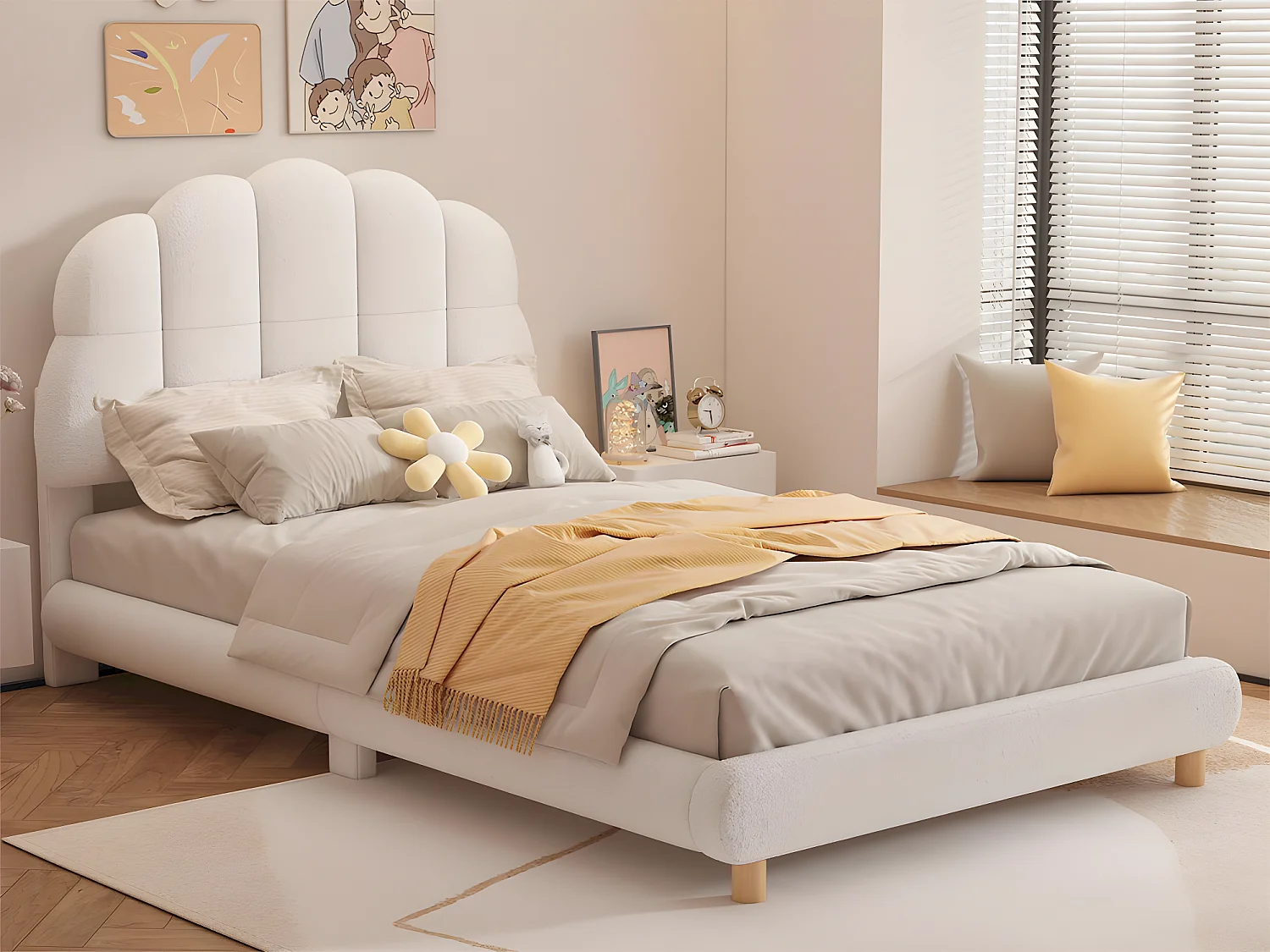 Łóżko dziecięce proste 90x200cm tapicerowane tkaniną pluszową - z stelażem na listwach z MDF - Beżowe 2938238 - obrazek 1