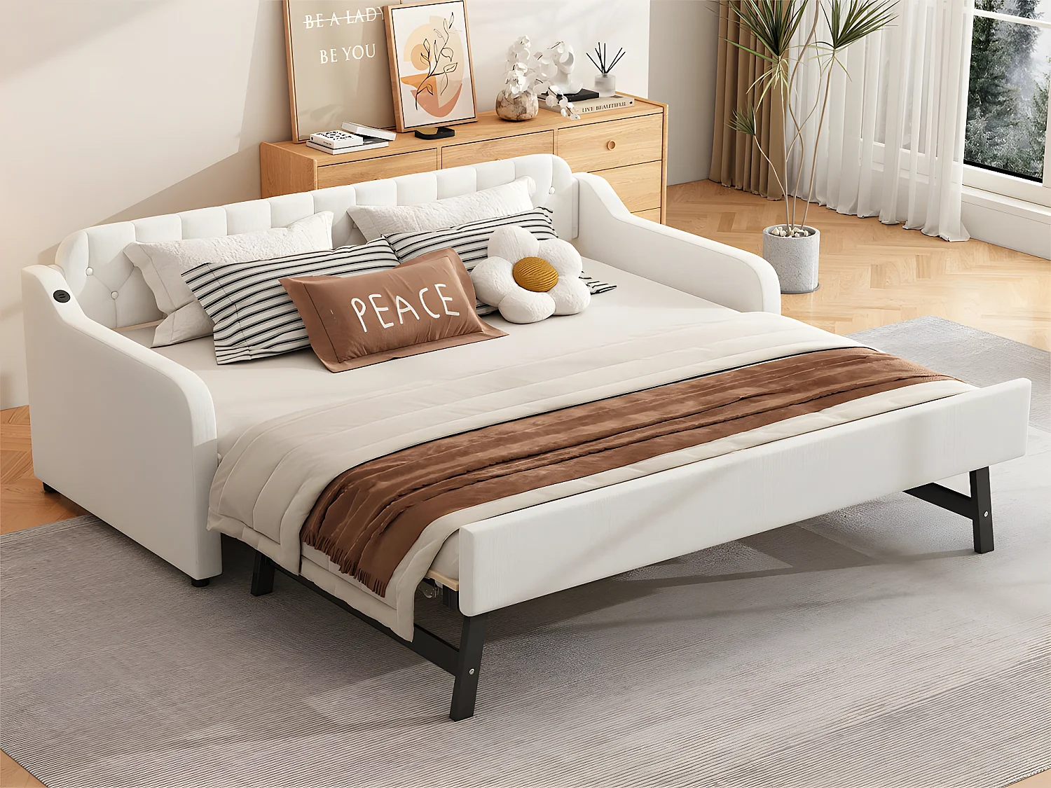 Łóżko piętrowe 90x200cm - z portem USB - tkanina lniana - beżowe 2938284 - obrazek 1