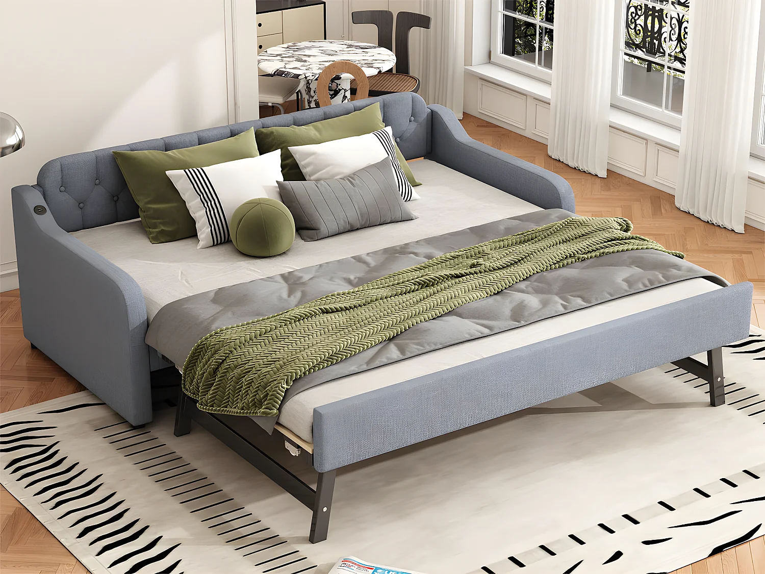 Łóżko piętrowe 90x200cm - z portem USB - tkanina lniana - szary 2938288 - obrazek 1