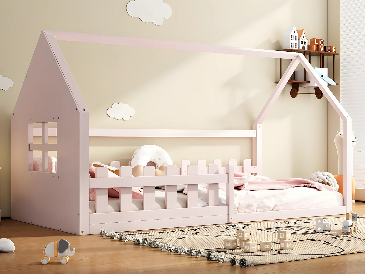 Łóżko domek dla dzieci 90×200 cm – w kształcie domu – z drewna sosnowego i MDF – Różowe 2965886