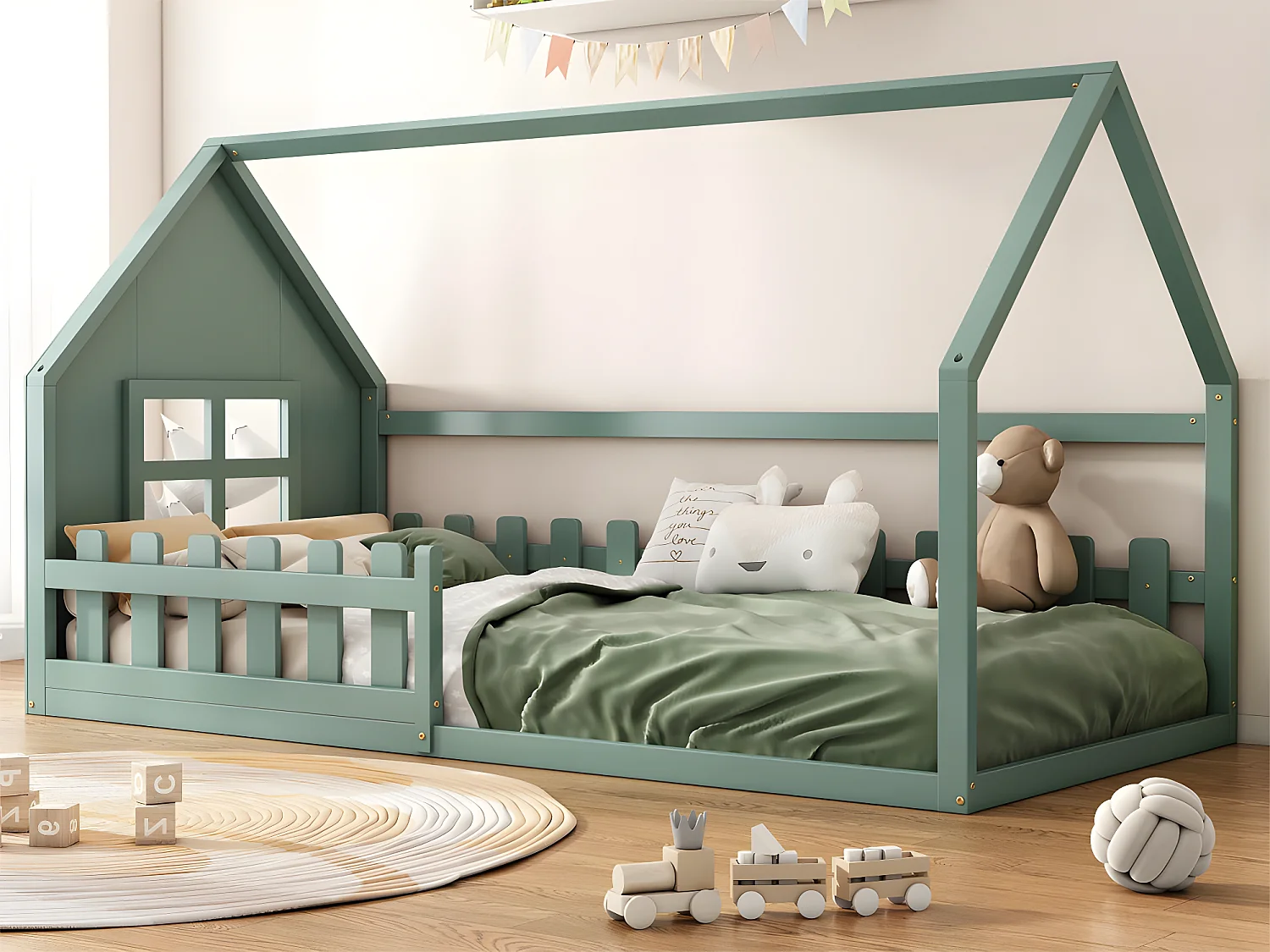 Łóżko domek dla dzieci 90×200 cm – w kształcie domu – z drewna sosnowego i MDF – Zielone 2965887