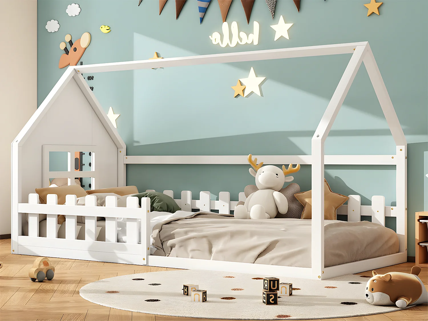 Łóżko domek dla dzieci 90×200 cm – w kształcie domu – z drewna sosnowego i MDF – Białe 2965889