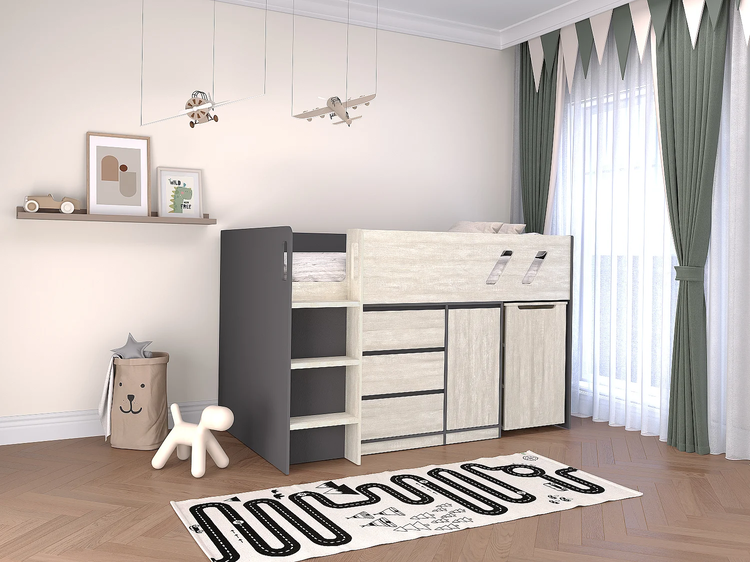Łóżko piętrowe 90 x 190 cm z biurkiem i schowkami – Antracytowy i naturalny poszarzony – SAGITI 1640849
