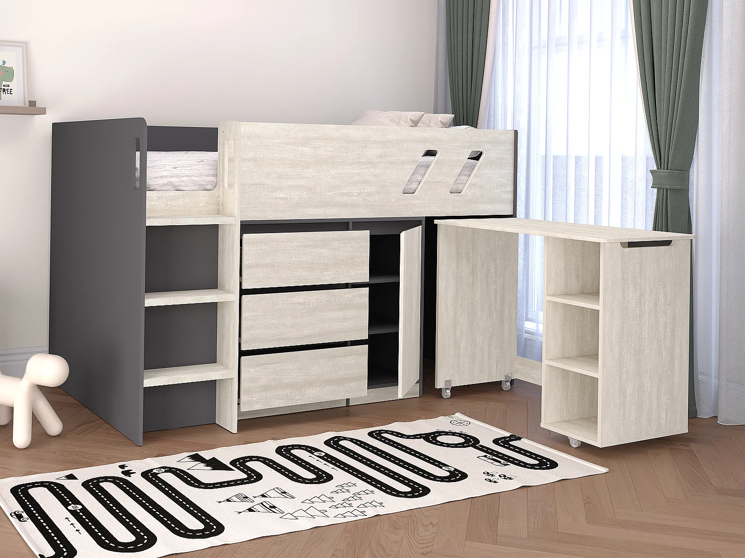Łóżko piętrowe 90 x 190 cm z biurkiem i schowkami – Antracytowy i naturalny poszarzony + Materac – SAGITI 3016653