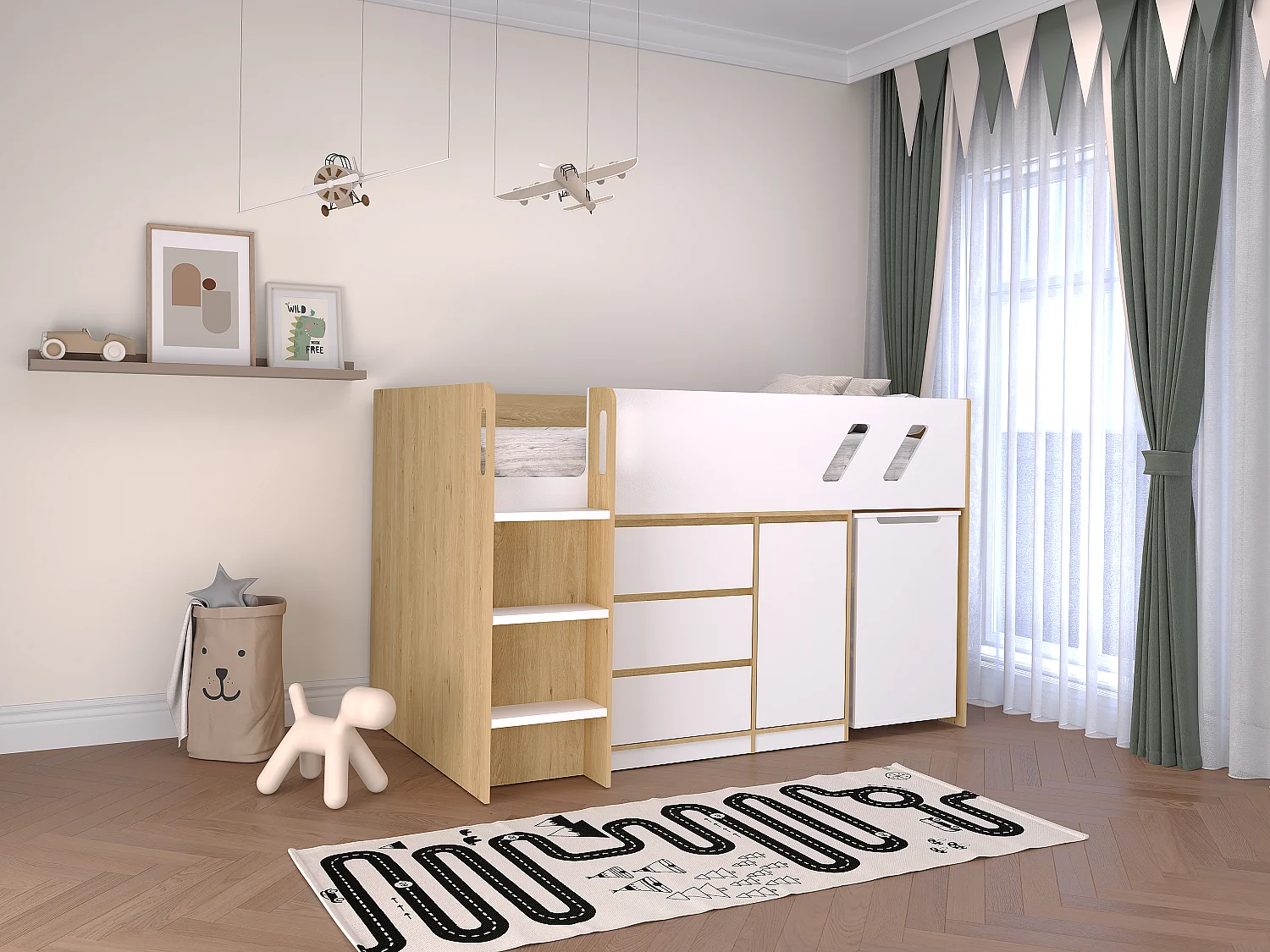 Łóżko piętrowe 90 x 190 cm z biurkiem i schowkami – Naturalny i biały + Materac – SAGITI 3036531