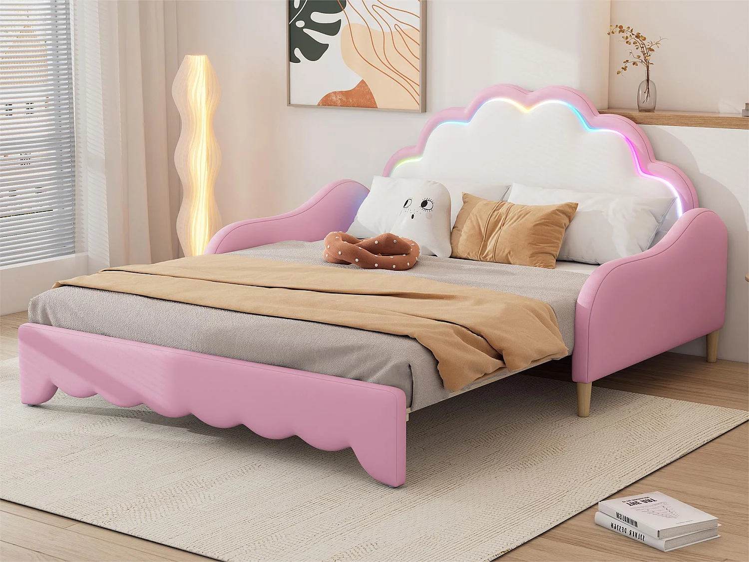 Łóżko dziecięce z funkcją wysuwania z ekoskóry - 140x200cm - z LED i pilotem - Różowe (materac nie jest w zestawie) 3038951 - obrazek 1