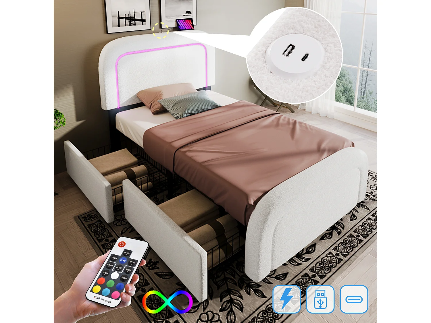 Łóżko dziecięce 90 x 200 cm z 2 szufladami i regulowanym zagłówkiem - USB + Typ C - tkanina Sherpa - białe 3039839 - obrazek 1