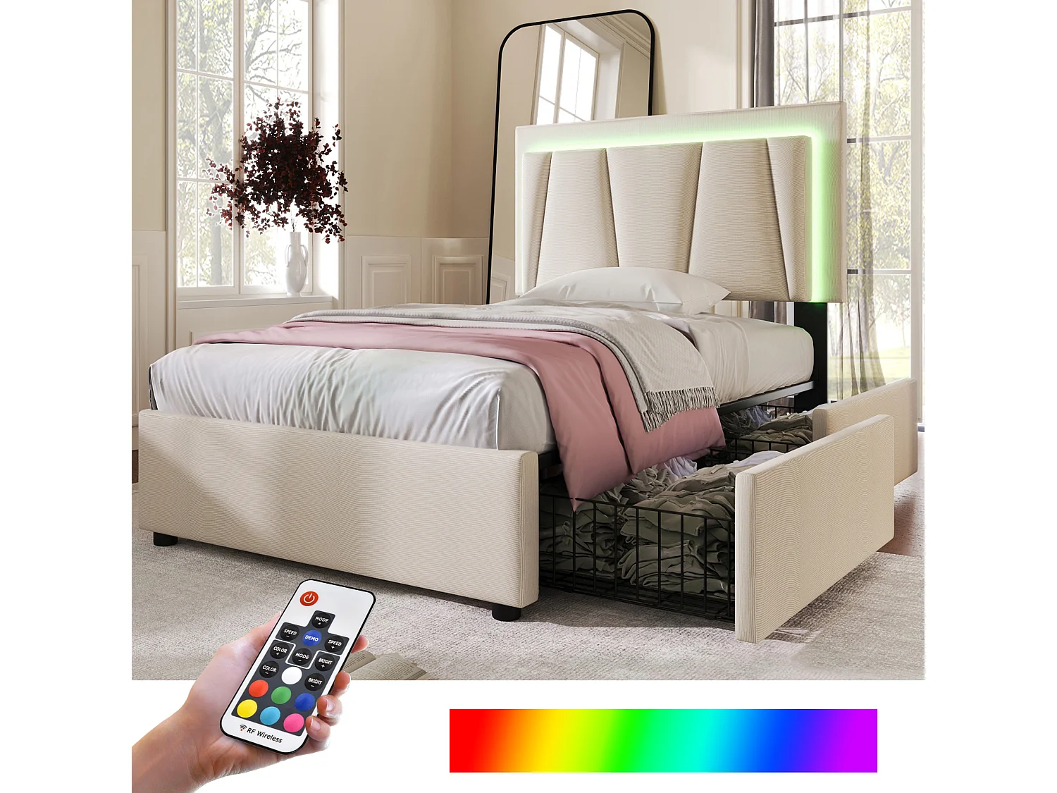 Łóżko dziecięce tapicerowane 90 x 200 cm 2 szuflady + regulowany zagłówek - LED - Beżowe 3039861 - obrazek 1